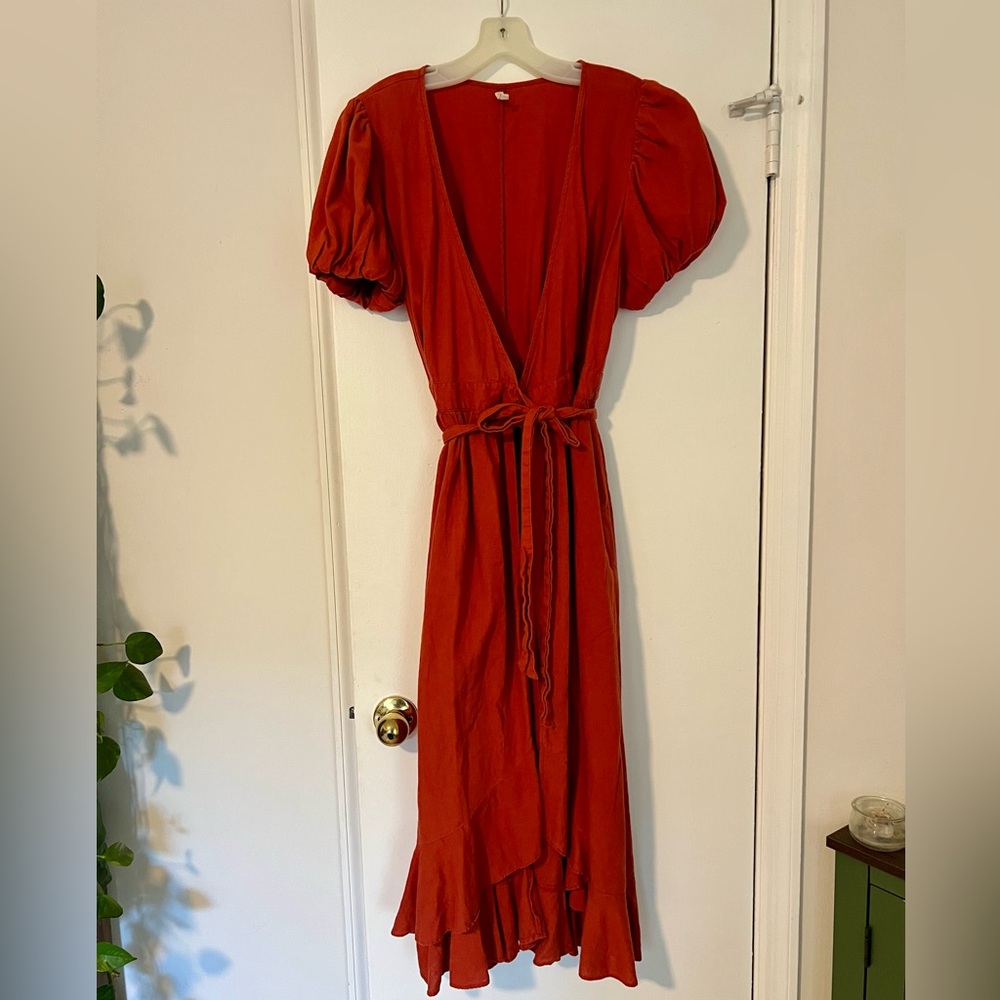 Urban Outfitters burnt orange, puffy sleeve wrap/cape dress, size M